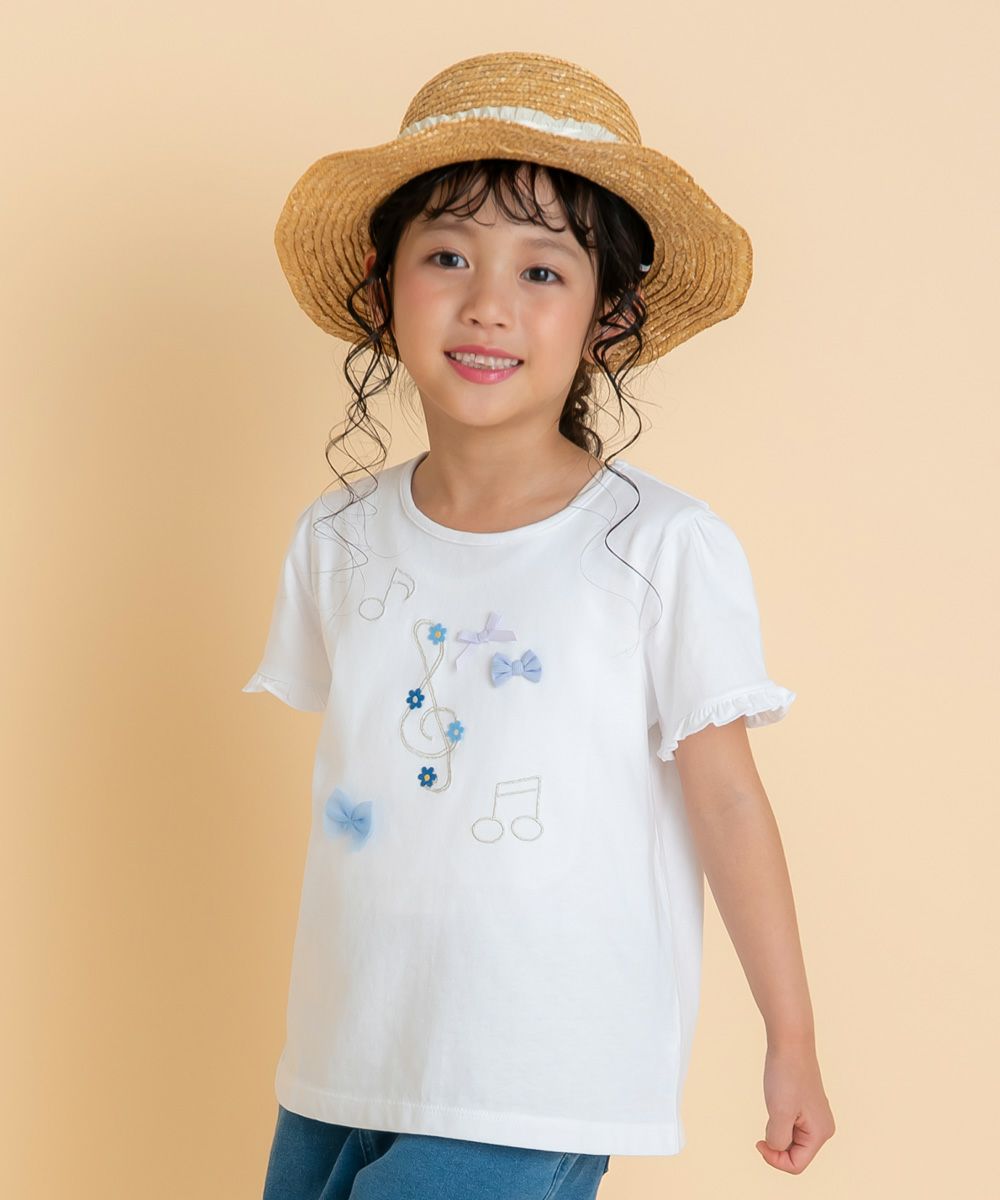 綿100％音符＆リボンモチーフTシャツ Off White model image up