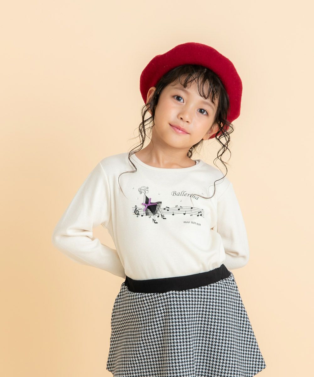 女の子モチーフ 音符ピアノプリント Tシャツ Off White model image up