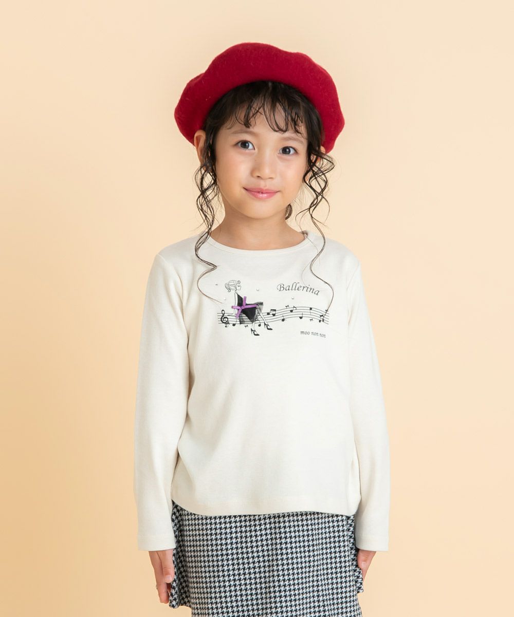 女の子モチーフ 音符ピアノプリント Tシャツ Off White model image 1