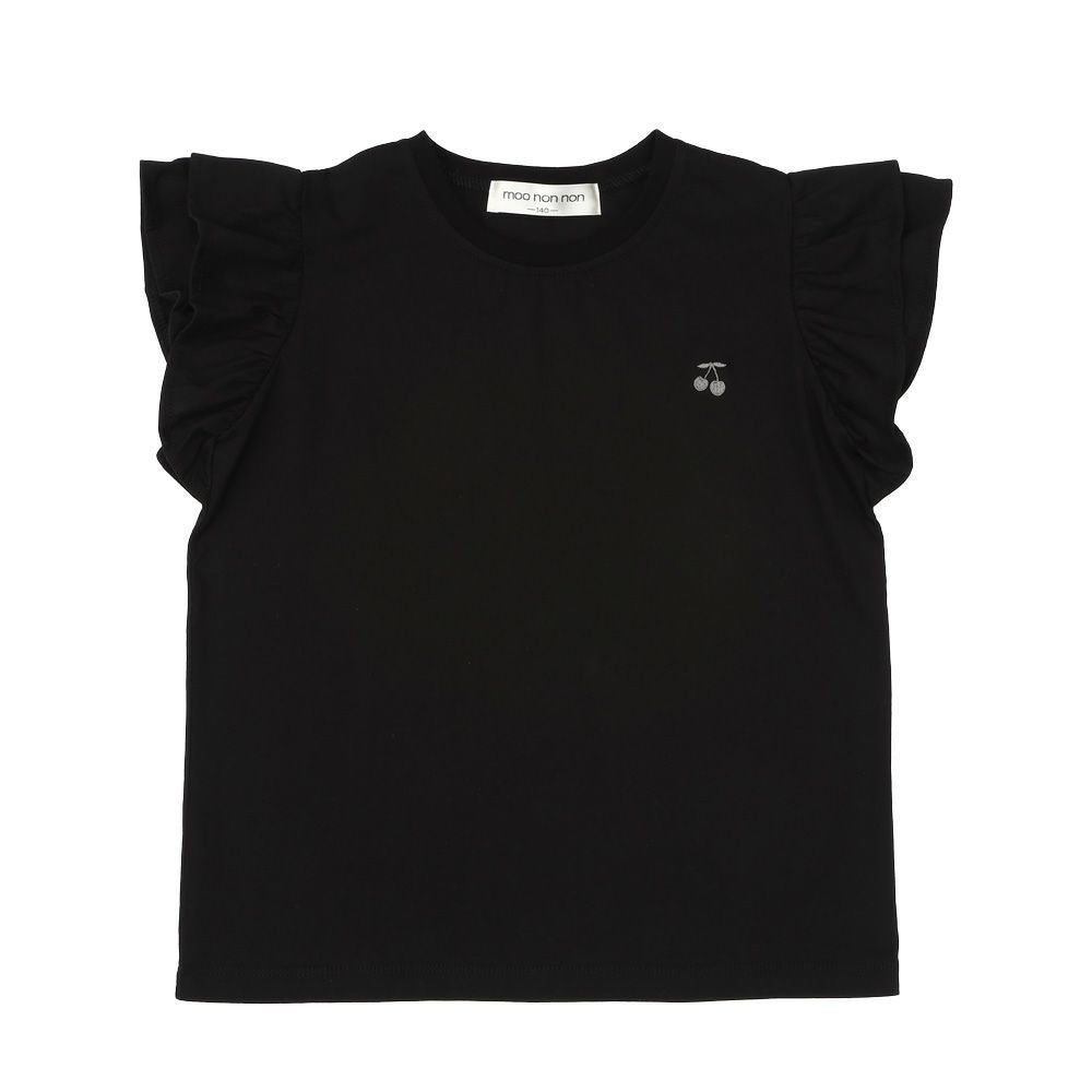 綿100％ さくらんぼ 刺繍 フリル 袖 Tシャツ Black front