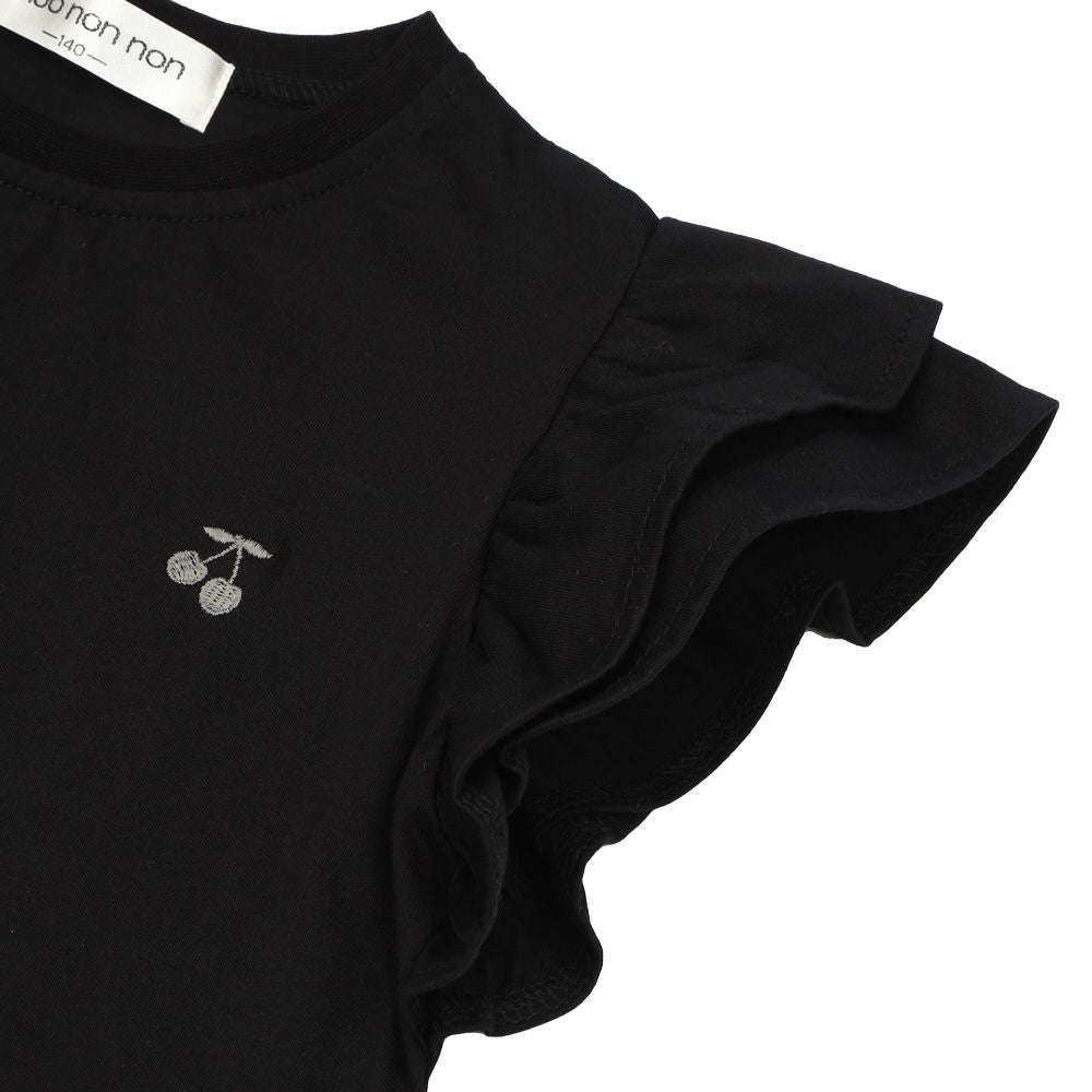 綿100％ さくらんぼ 刺繍 フリル 袖 Tシャツ Black Design point 1