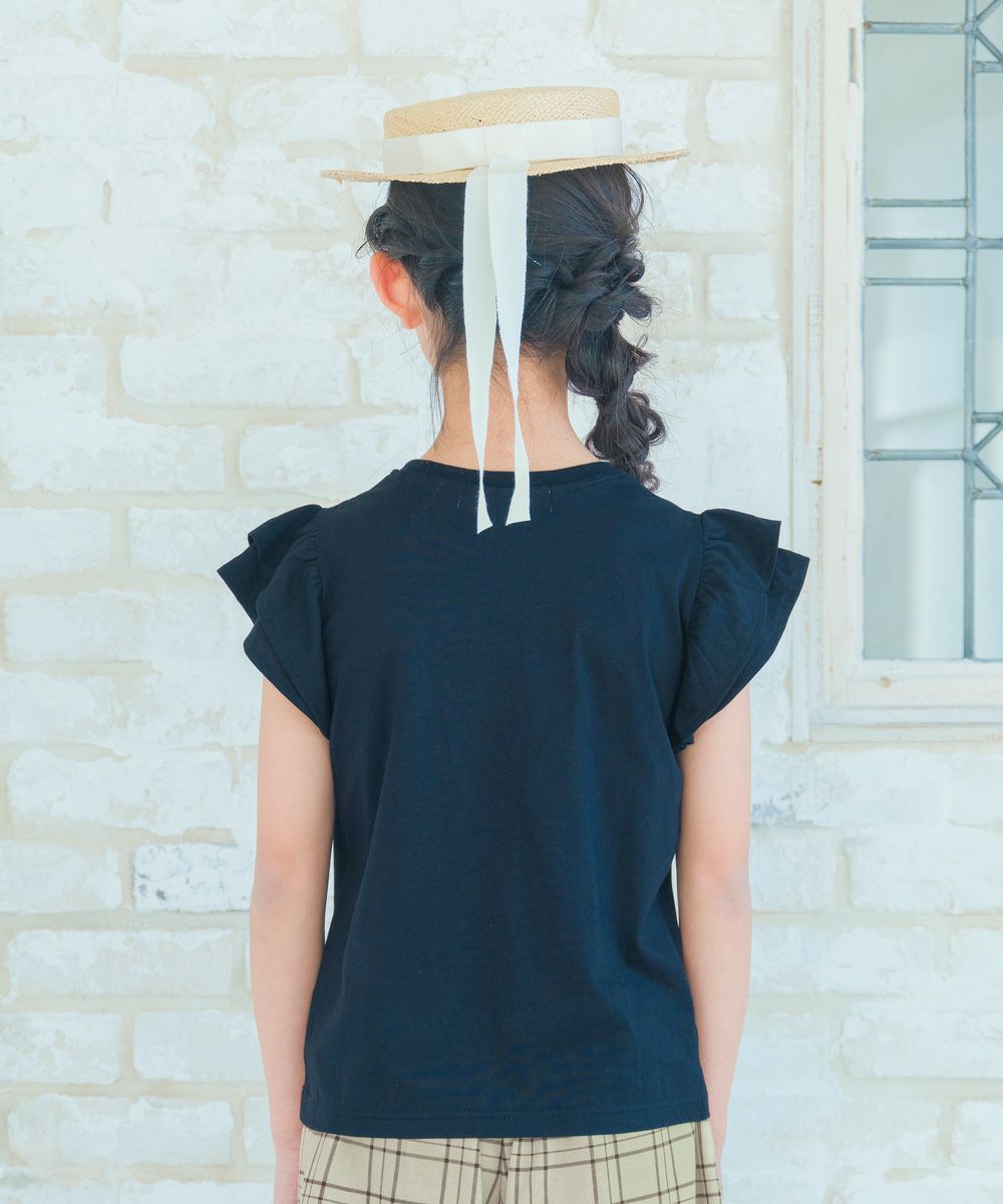 綿100％ さくらんぼ 刺繍 フリル 袖 Tシャツ Black model image 2