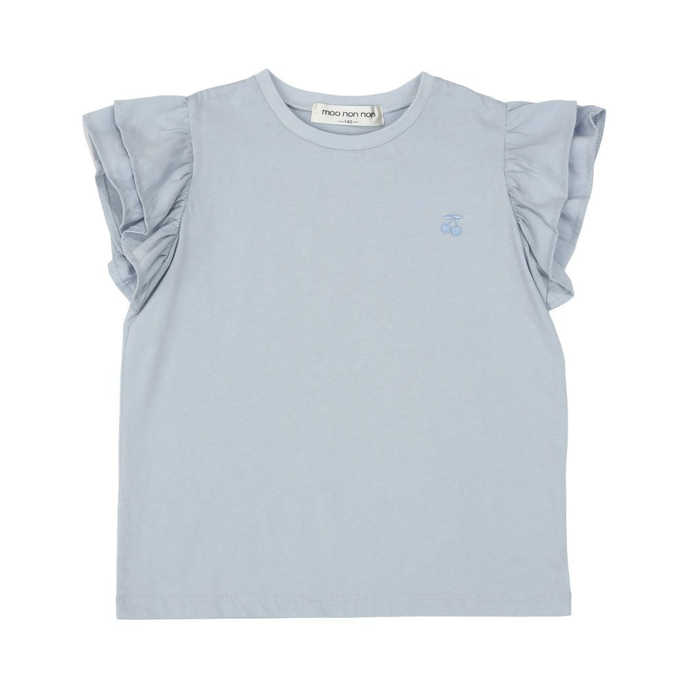 綿100％ さくらんぼ 刺繍 フリル 袖 Tシャツ Blue front