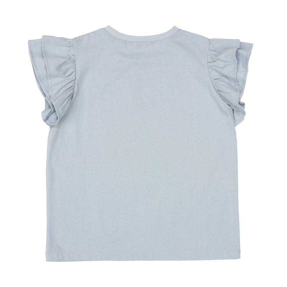 綿100％ さくらんぼ 刺繍 フリル 袖 Tシャツ Blue back