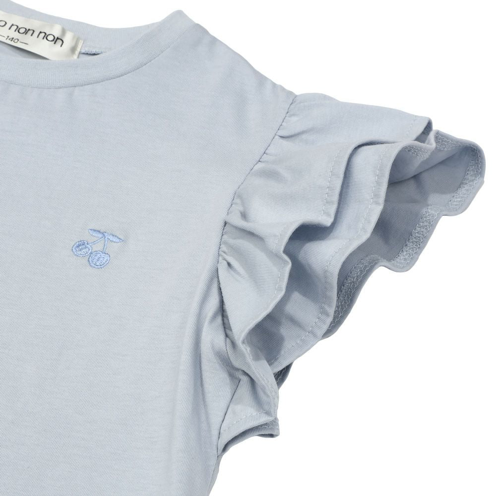 綿100％ さくらんぼ 刺繍 フリル 袖 Tシャツ Blue Design point 1