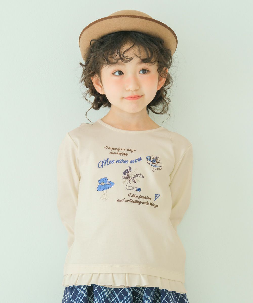 綿100％　裾フリル 刺繍 ロゴ Tシャツ Off White model image up