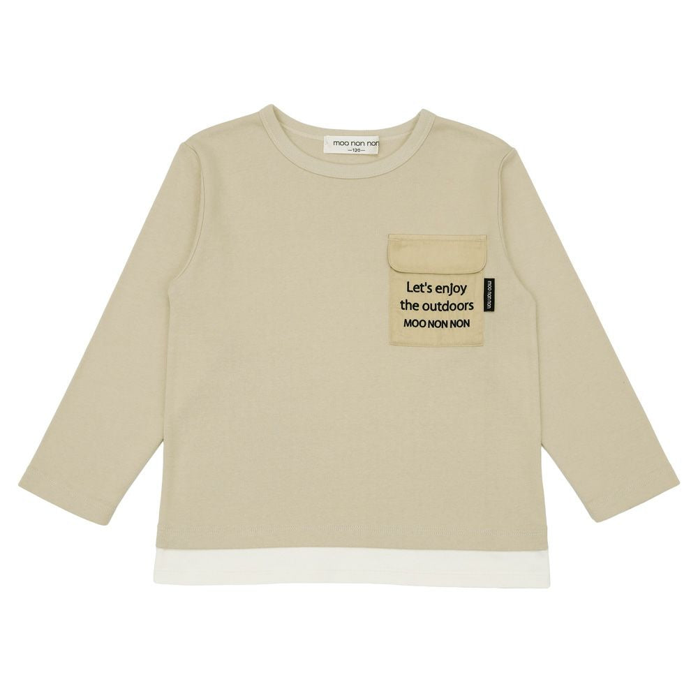 レイヤード風 ブランドロゴ ポケット長袖Tシャツ ロングTシャツ Beige front