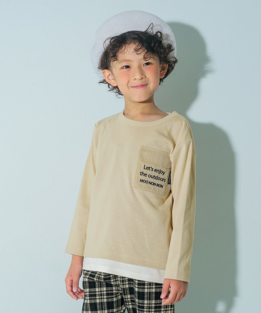 レイヤード風 ブランドロゴ ポケット長袖Tシャツ ロングTシャツ Beige model image up