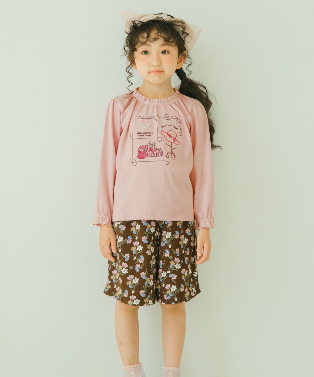 花柄 ポケット付き キュロットパンツ Brown model image whole body