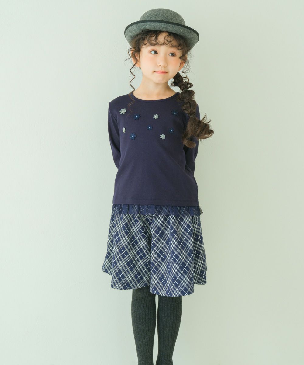 お花 チュール 微起毛 長袖Tシャツ Navy model image up