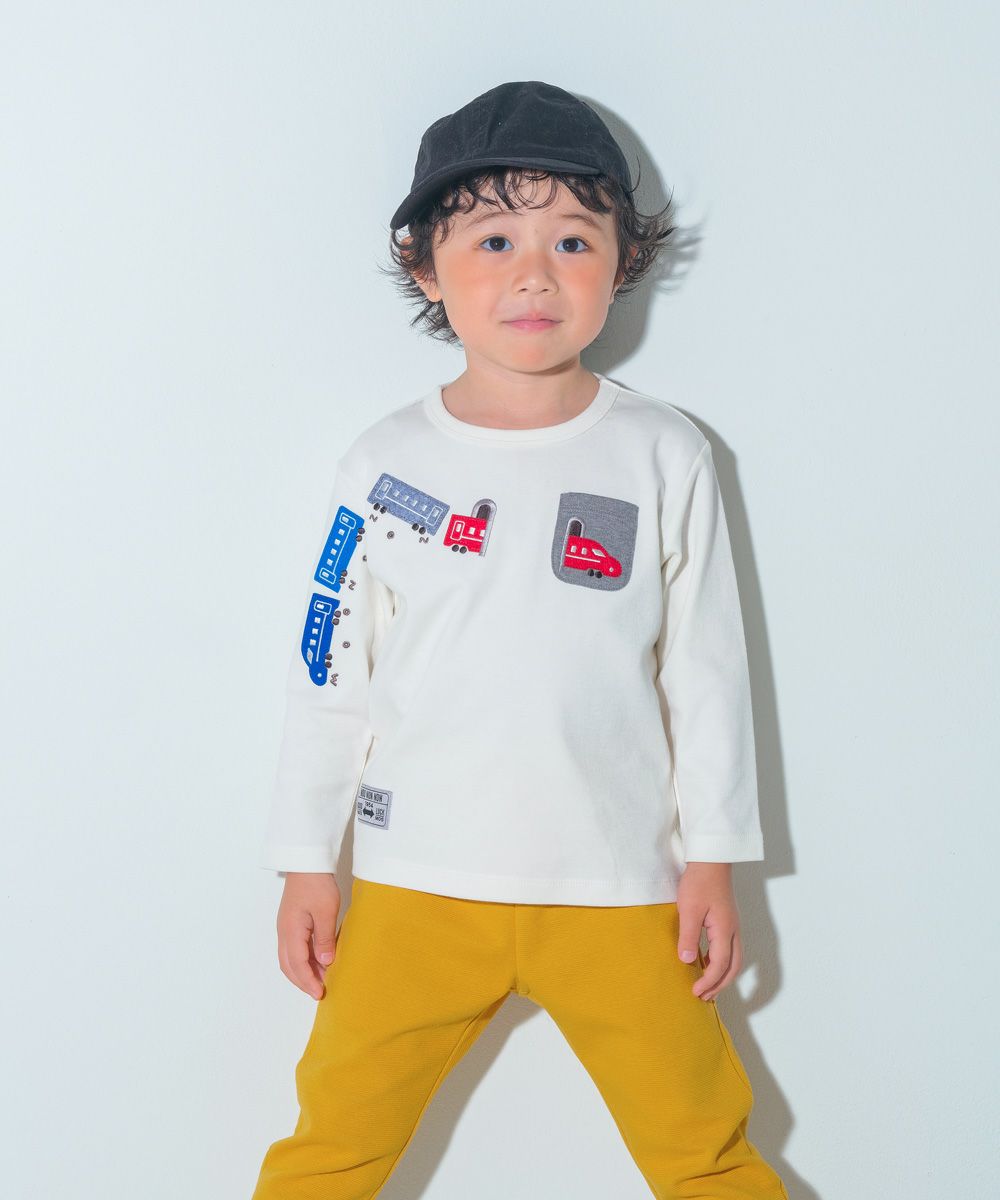 綿100％ 電車＆トンネル 長袖Tシャツ Off White model image 1