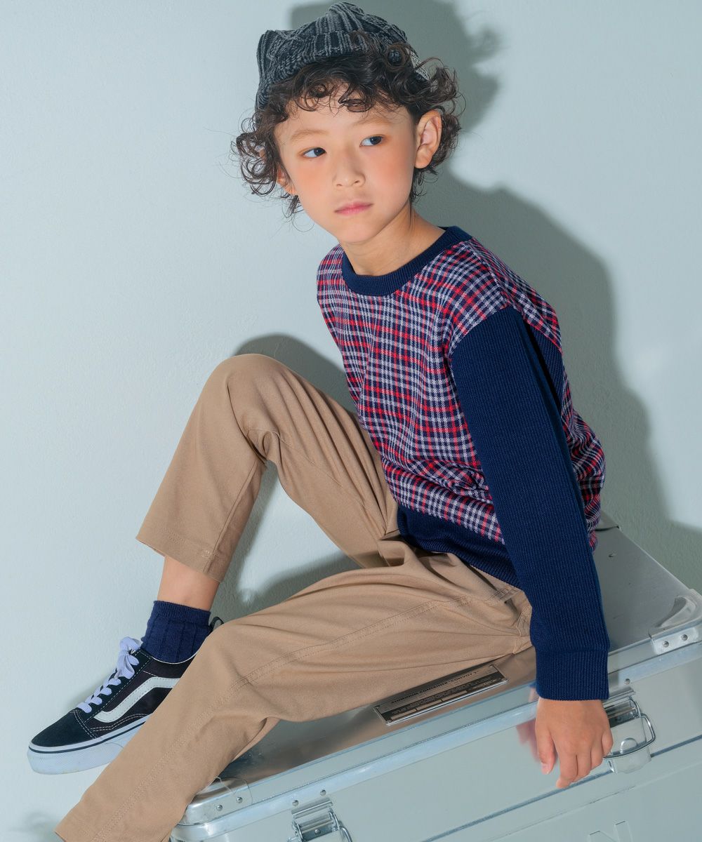 チェック バイカラー 長袖トップス Navy model image whole body