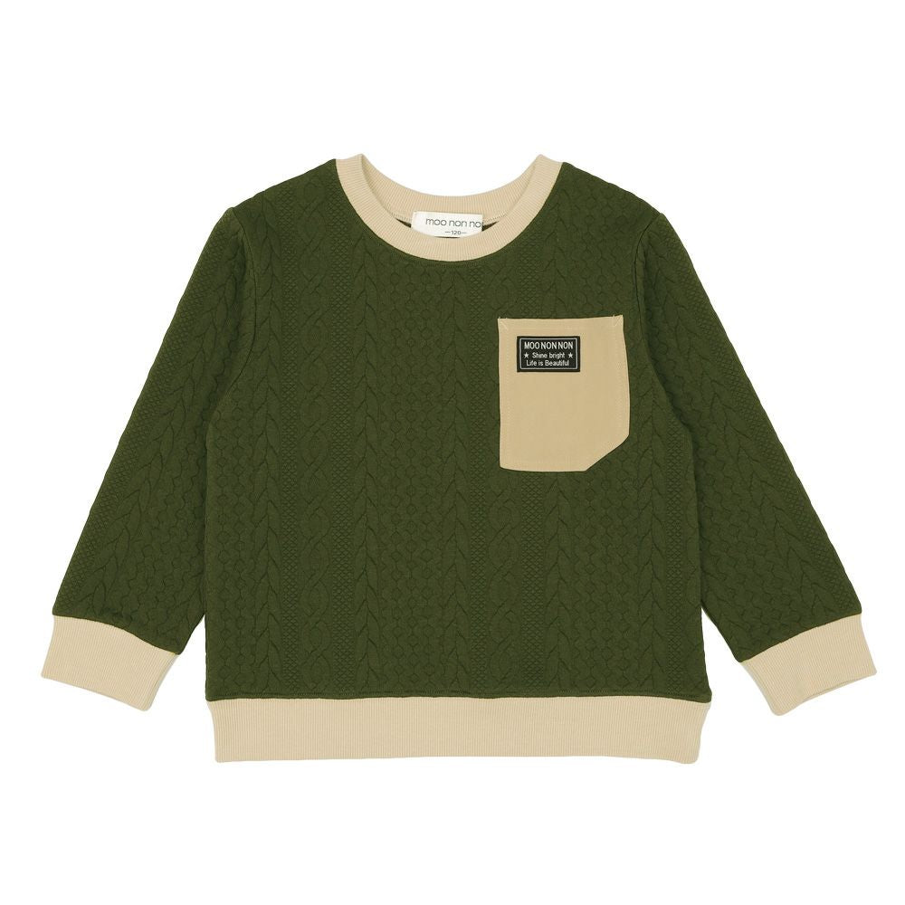 ニット風 アラン模様 長袖トップス Khaki front