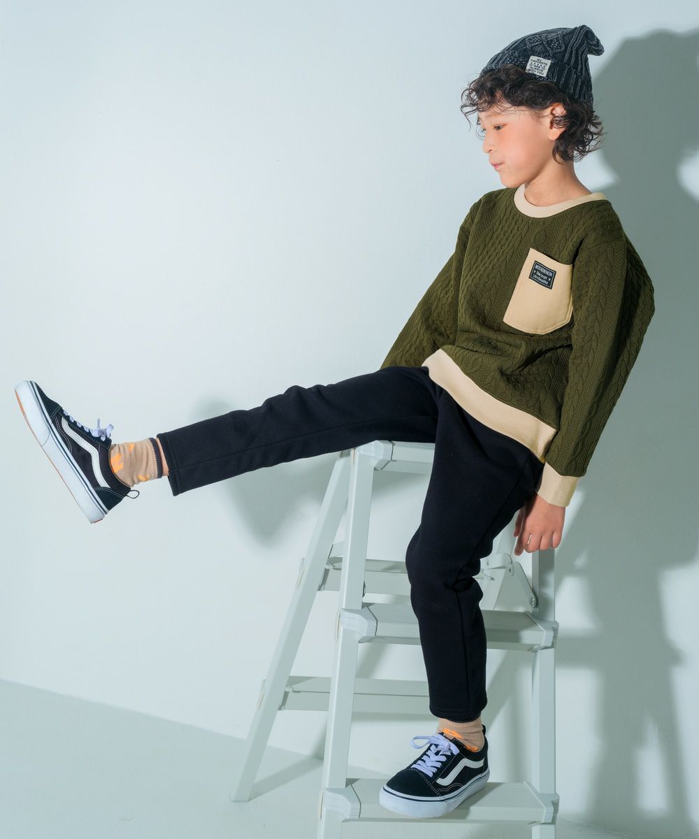 ニット風 アラン模様 長袖トップス Khaki model image whole body