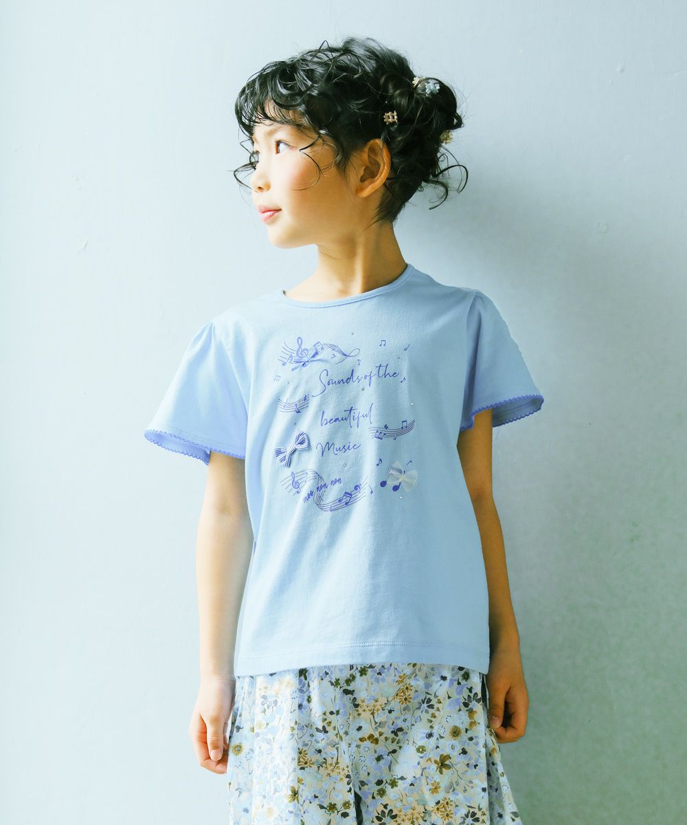 ピコレース袖 音符 綿100％ Tシャツ Blue model image up