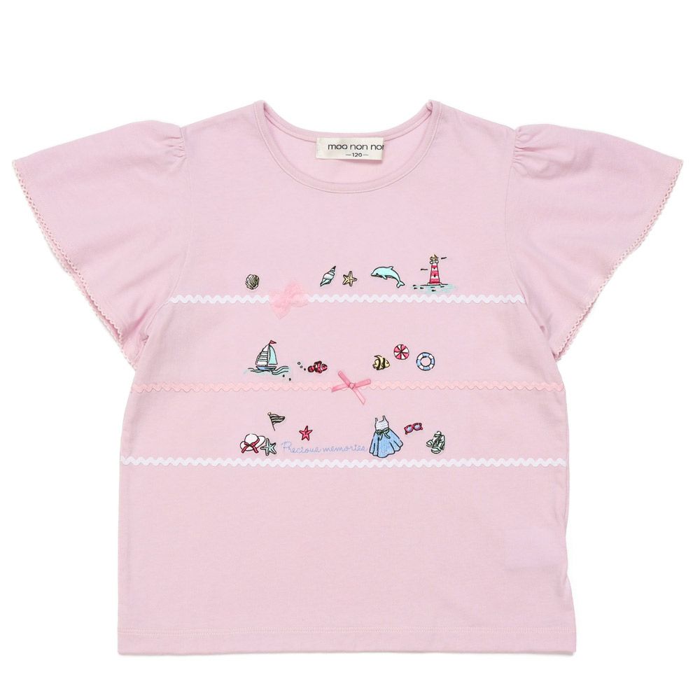 イルカ 魚 貝殻 マリン Tシャツ Pink front