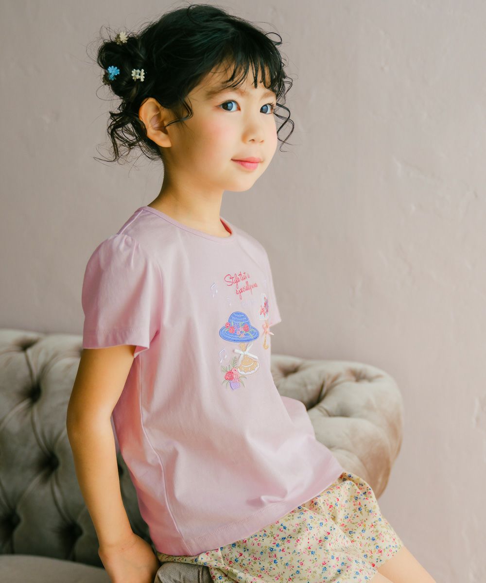 帽子アップリケ 音符 綿100％ Tシャツ Pink model image up