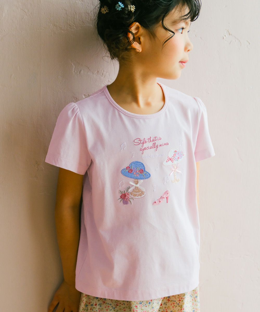 帽子アップリケ 音符 綿100％ Tシャツ Pink model image 1