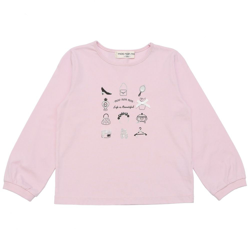 バッグ＆シューズ柄プリント 長袖Tシャツ Pink front