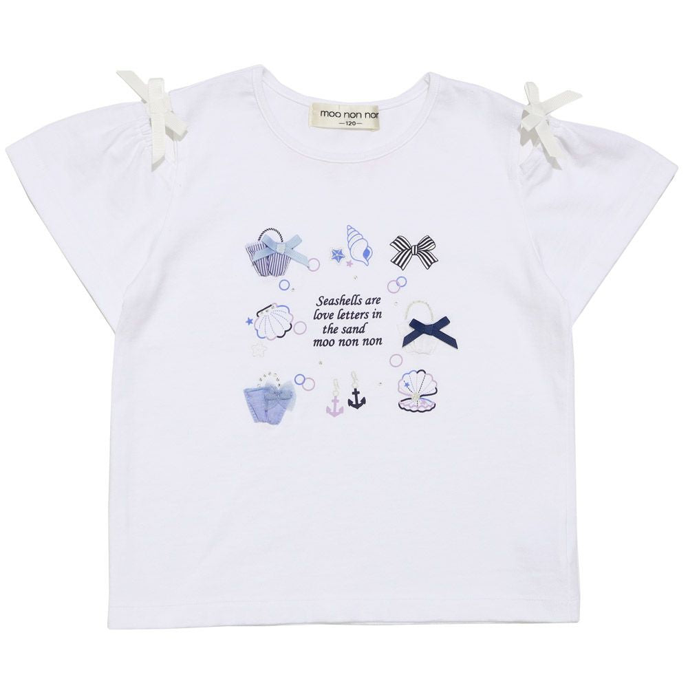 リボン 肩あき マリン 小物 モチーフ Tシャツ Off White front