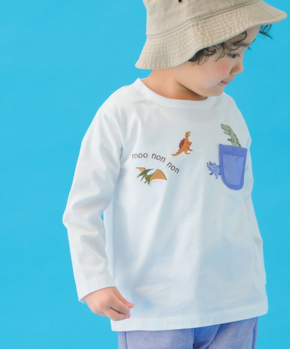 メッシュポケット付き 恐竜 刺繍 長袖 Tシャツ Off White model image up