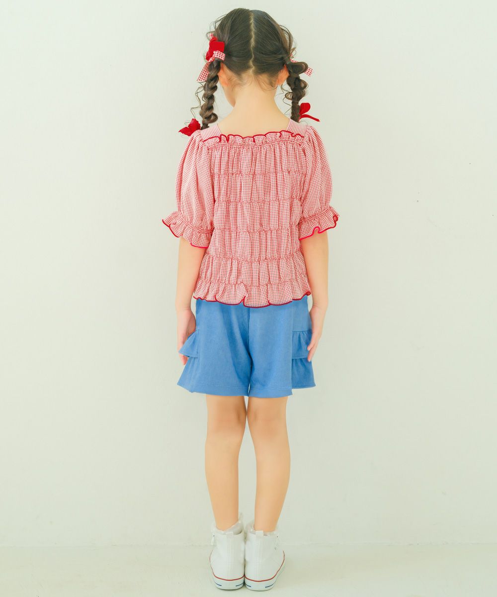 ギンガムチェック シャーリング フリル Tシャツ Red model image 2