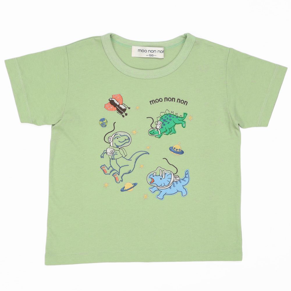 宇宙 ＆ 恐竜 綿100％ Tシャツ Green front