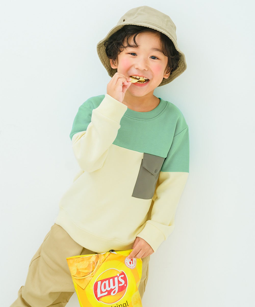 バイカラー切り替え ポケットつき 裏毛トレーナー Green model image up