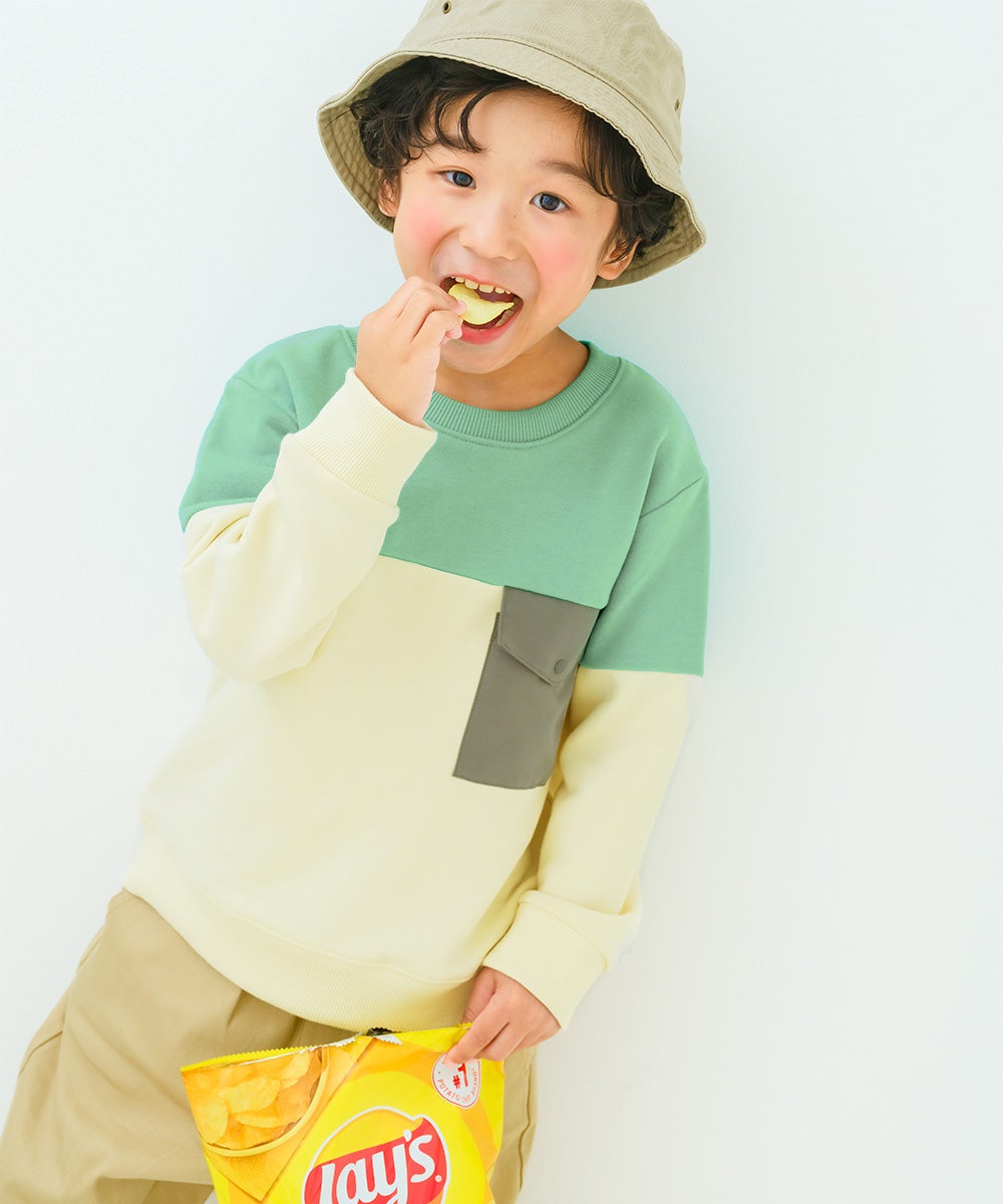 バイカラー切り替え ポケットつき 裏毛トレーナー Green model image 1