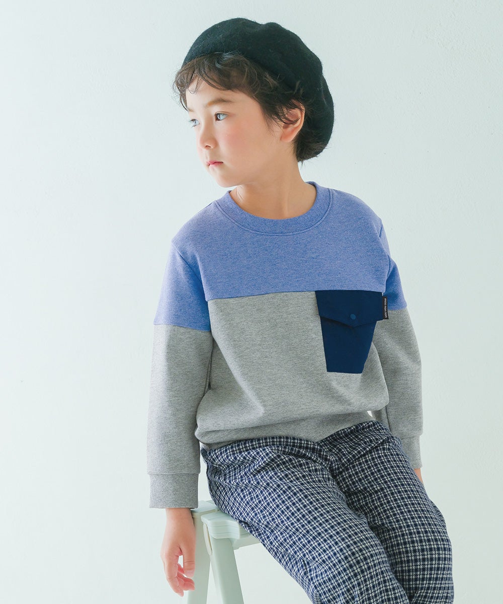 バイカラー切り替え ポケットつき 裏毛トレーナー Blue model image 1