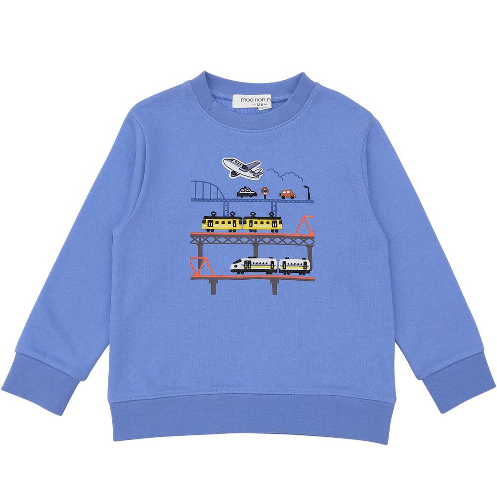 電車 飛行機 乗り物ワッペン 車刺繍 裏毛トレーナー Blue front