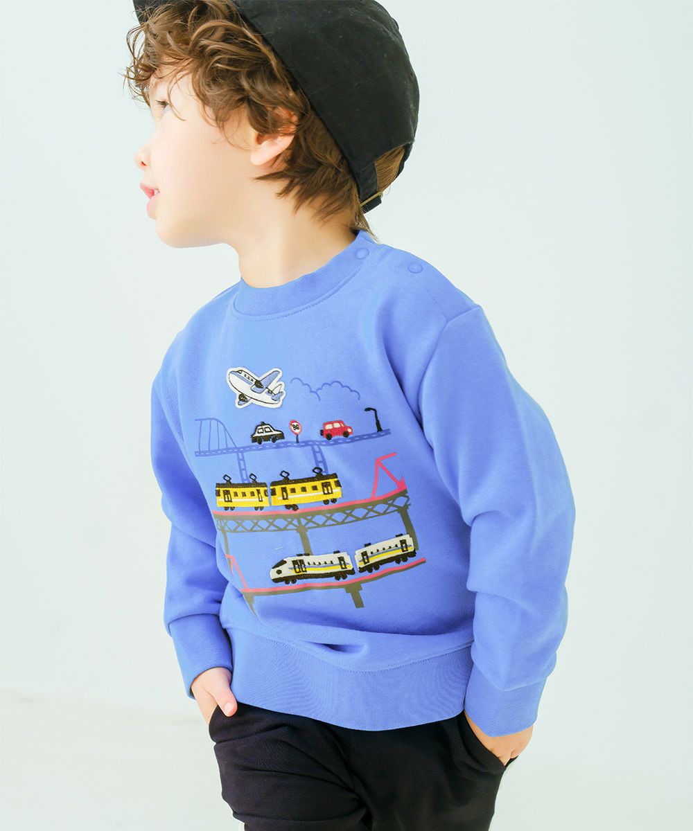 電車 飛行機 乗り物ワッペン 車刺繍 裏毛トレーナー Blue model image up