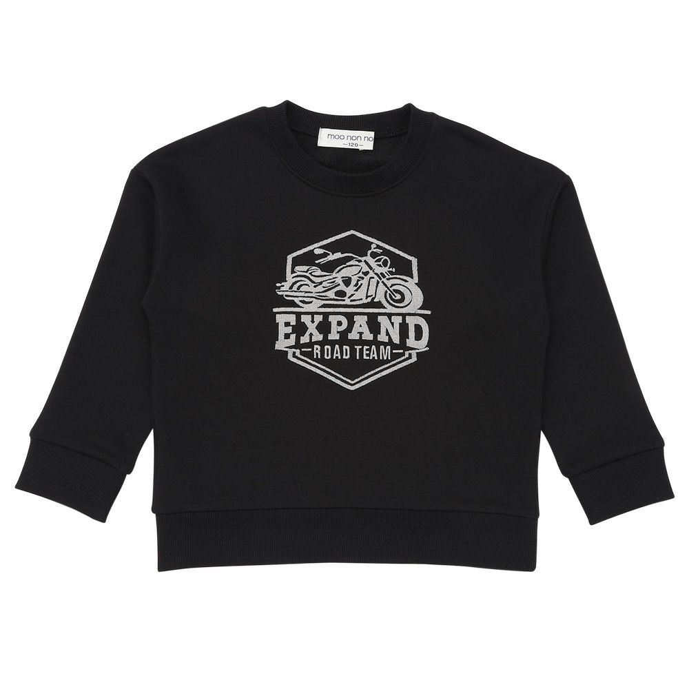バイク ロゴ 乗り物刺繍 ドロップ袖 裏毛トレーナー Black front