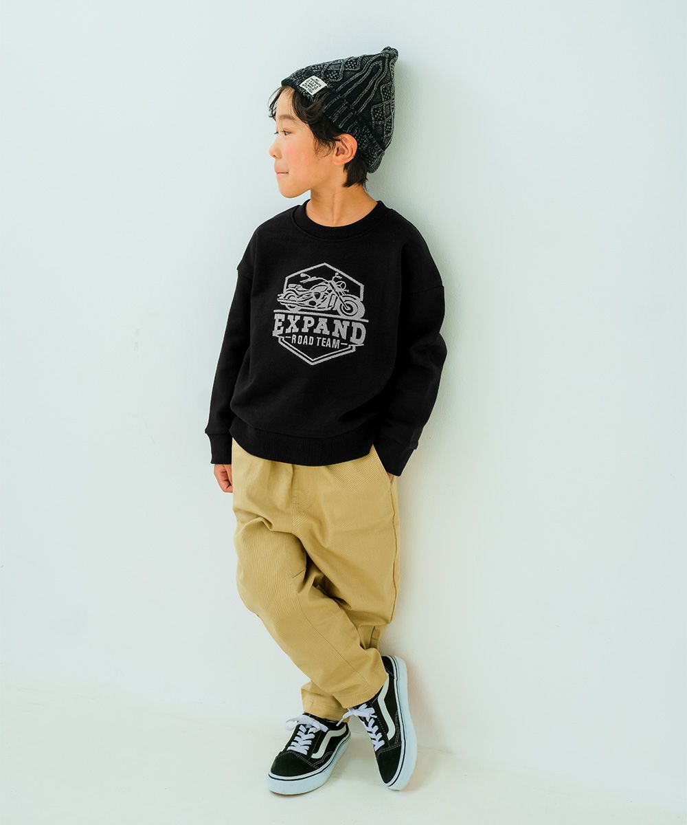 バイク ロゴ 乗り物刺繍 ドロップ袖 裏毛トレーナー Black model image up