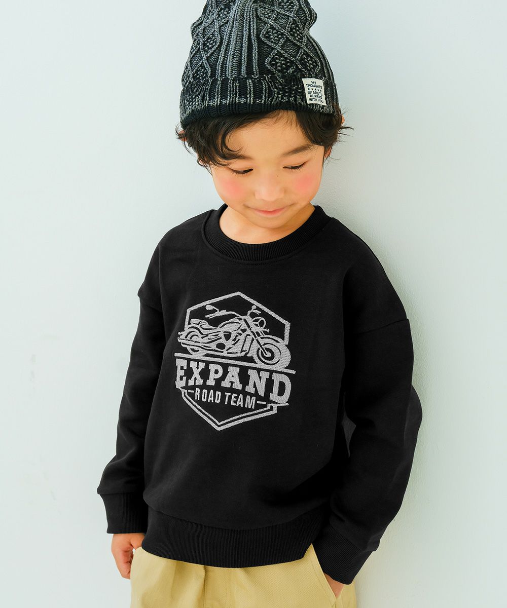 バイク ロゴ 乗り物刺繍 ドロップ袖 裏毛トレーナー Black model image whole body