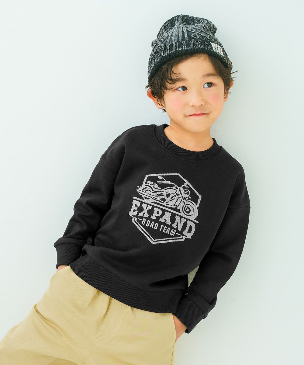 バイク ロゴ 乗り物刺繍 ドロップ袖 裏毛トレーナー Black model image 1