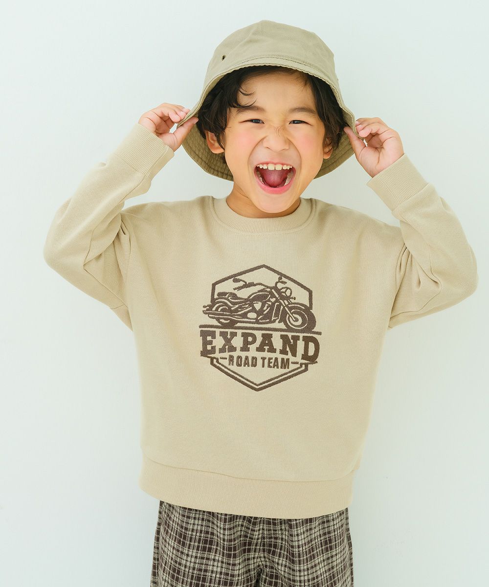 バイク ロゴ 乗り物刺繍 ドロップ袖 裏毛トレーナー Beige model image up