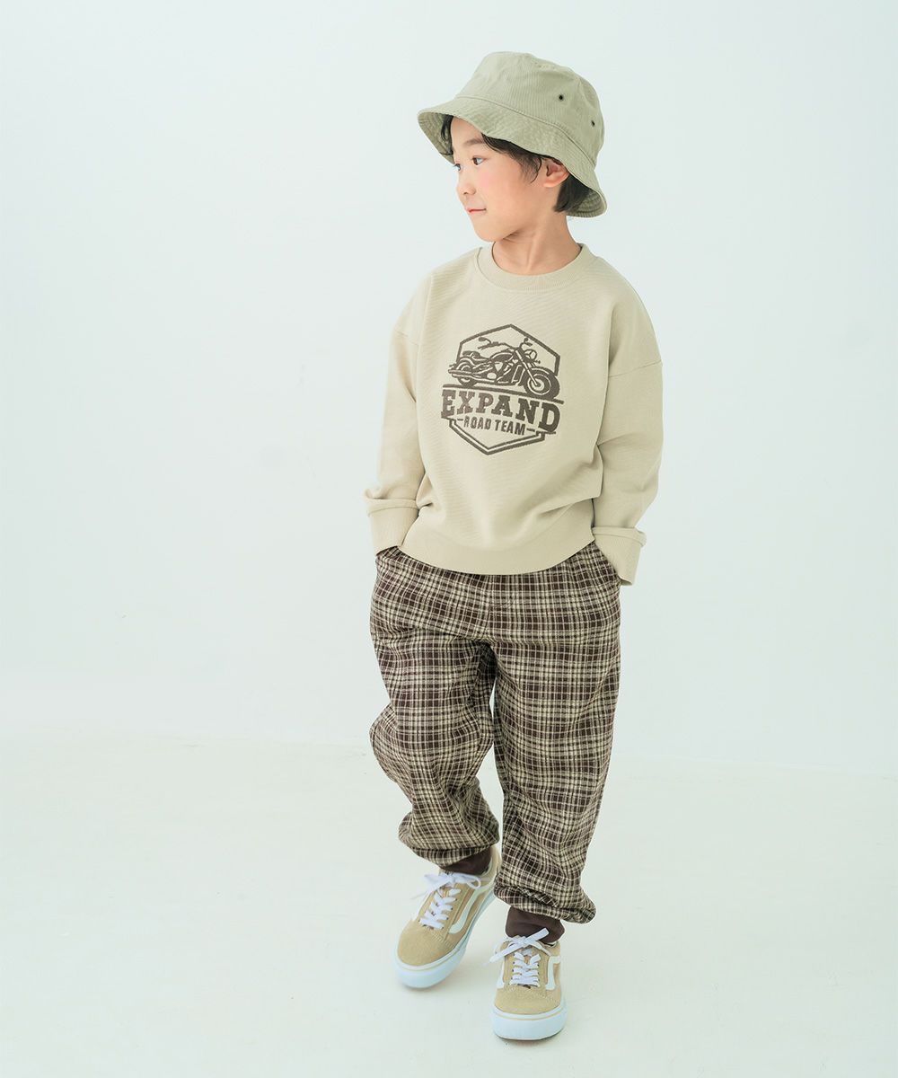 バイク ロゴ 乗り物刺繍 ドロップ袖 裏毛トレーナー Beige model image whole body