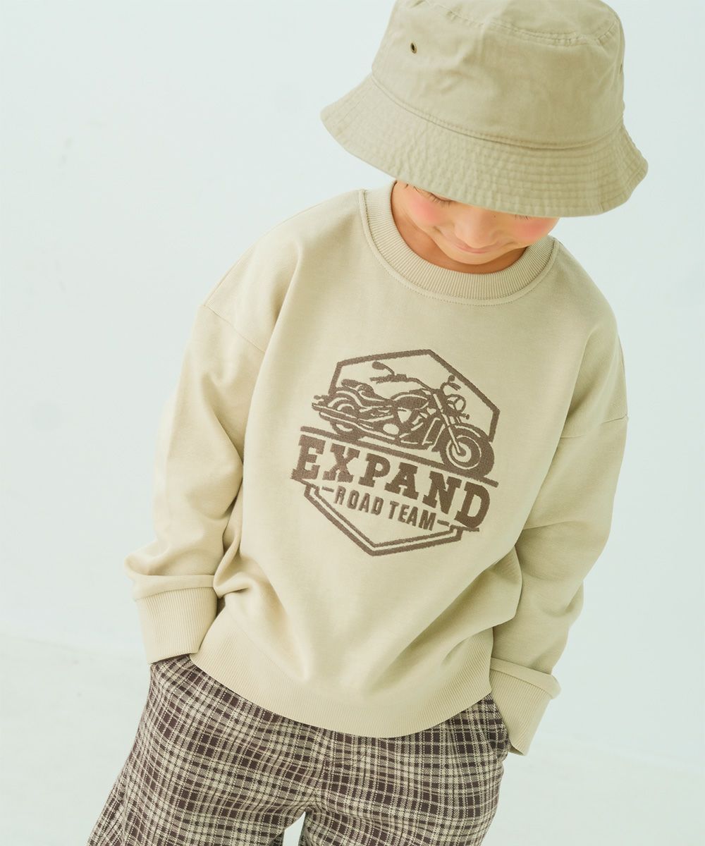 バイク ロゴ 乗り物刺繍 ドロップ袖 裏毛トレーナー Beige model image 1