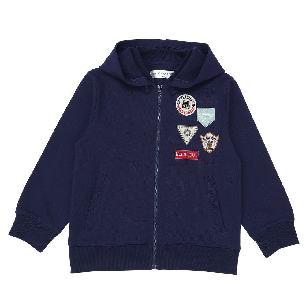 ツイルニット ロゴワッペン フード取り外し可能 ジップアップジャケット Navy front