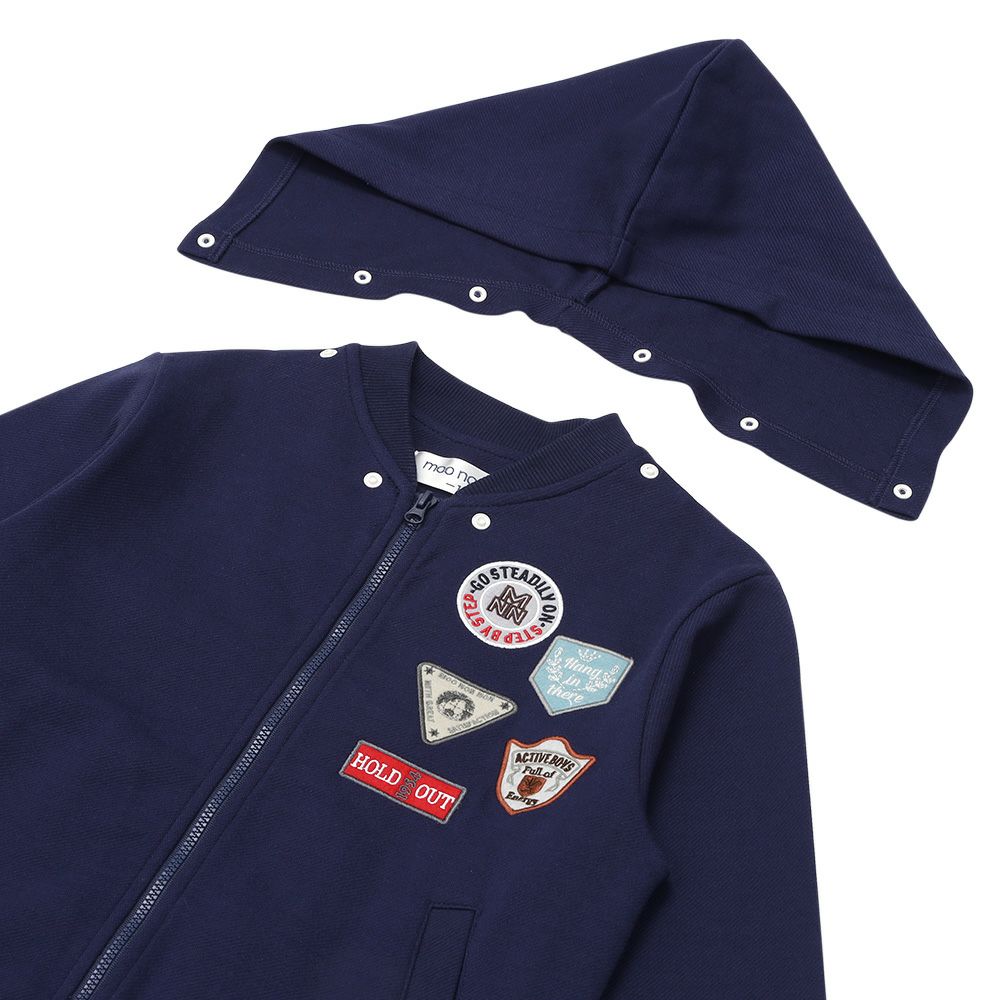 ツイルニット ロゴワッペン フード取り外し可能 ジップアップジャケット Navy Design point 1