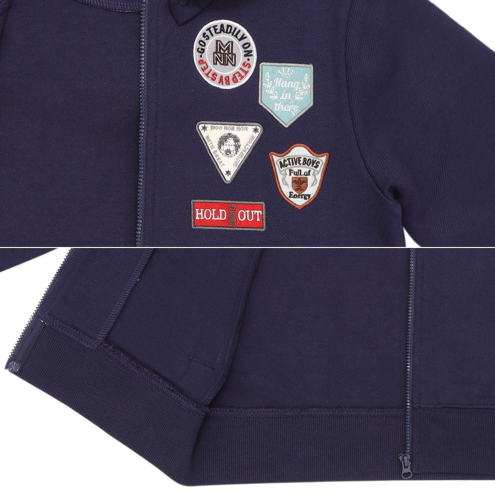 ツイルニット ロゴワッペン フード取り外し可能 ジップアップジャケット Navy Design point 2