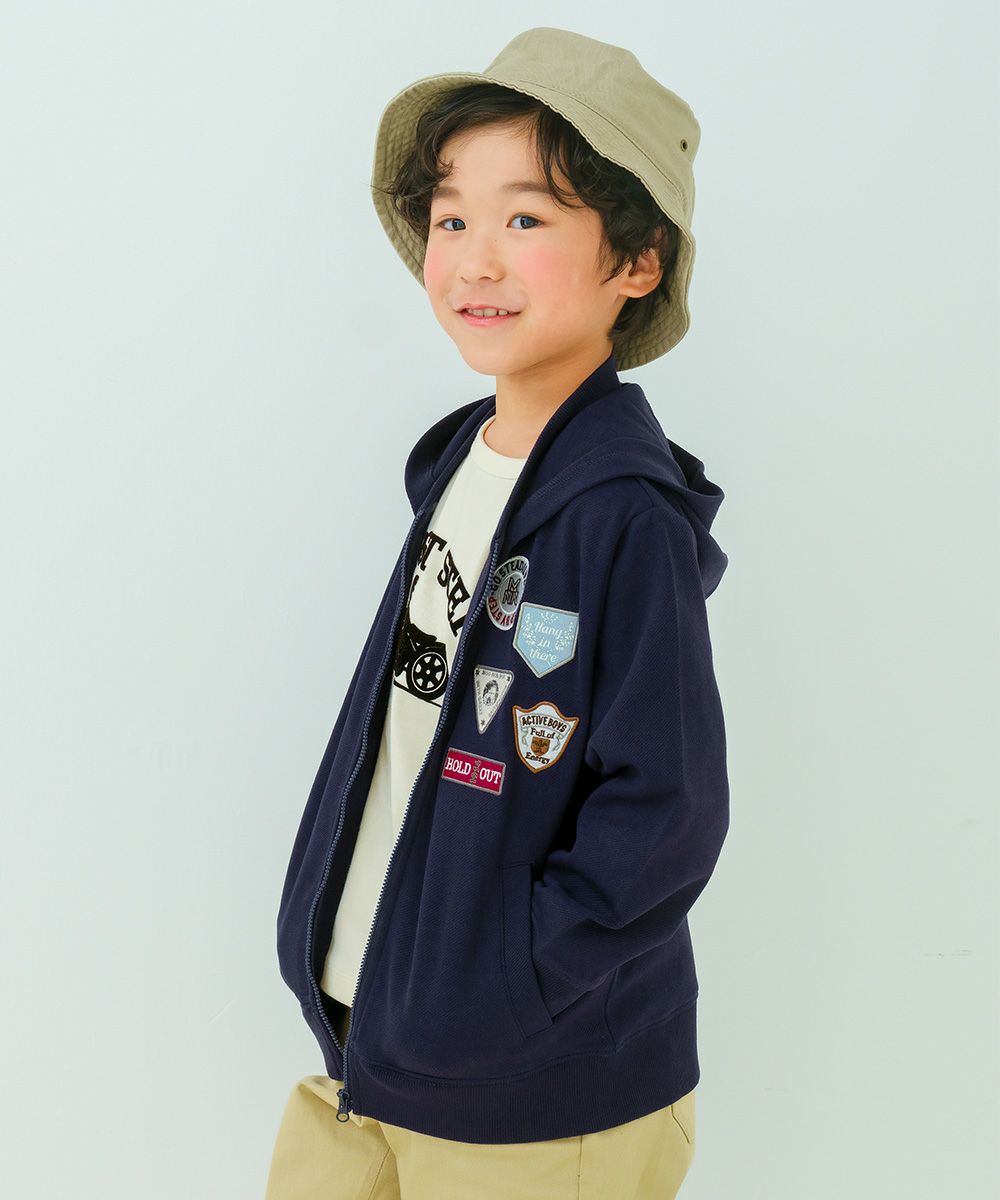 ツイルニット ロゴワッペン フード取り外し可能 ジップアップジャケット Navy model image up