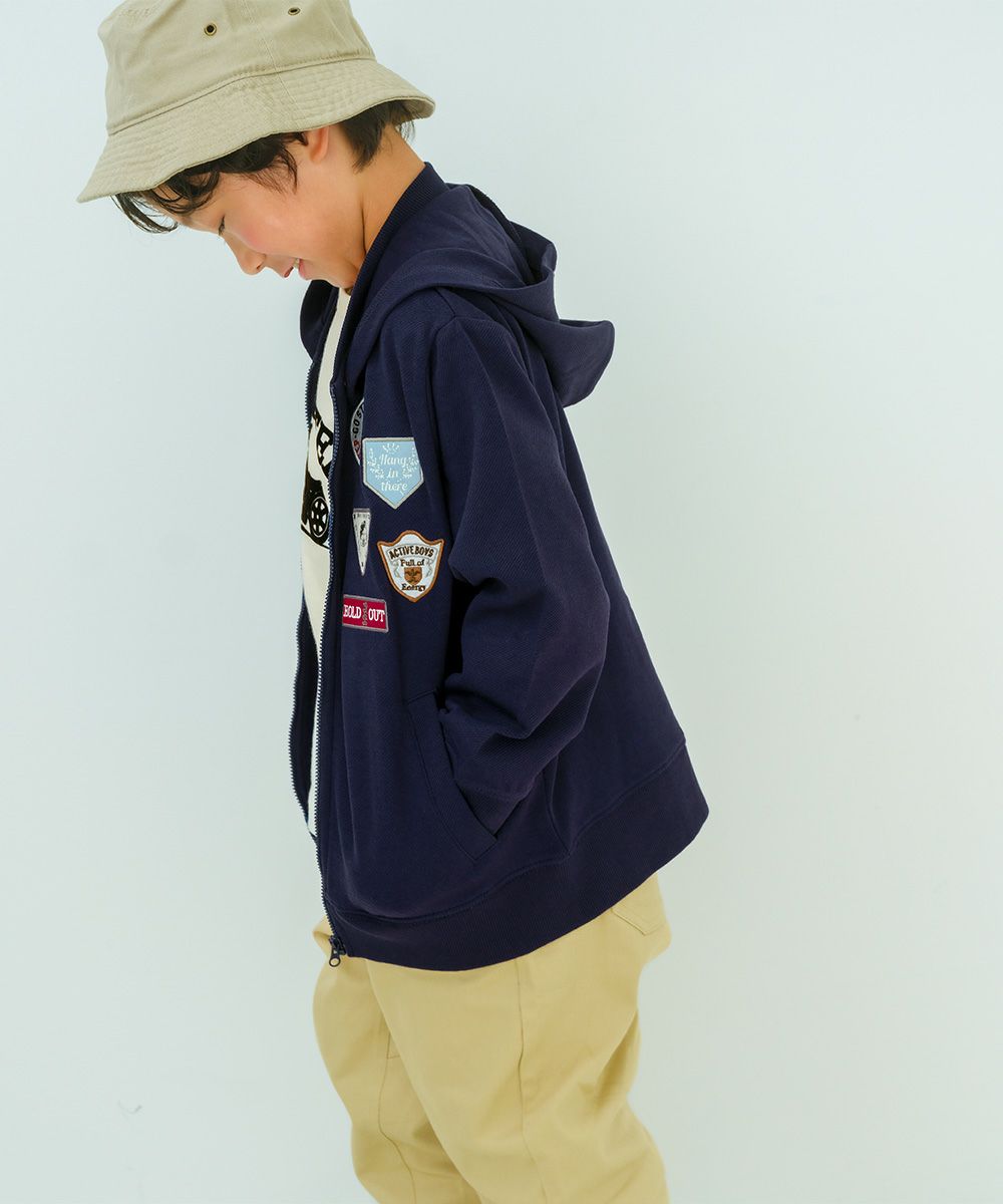 ツイルニット ロゴワッペン フード取り外し可能 ジップアップジャケット Navy model image whole body