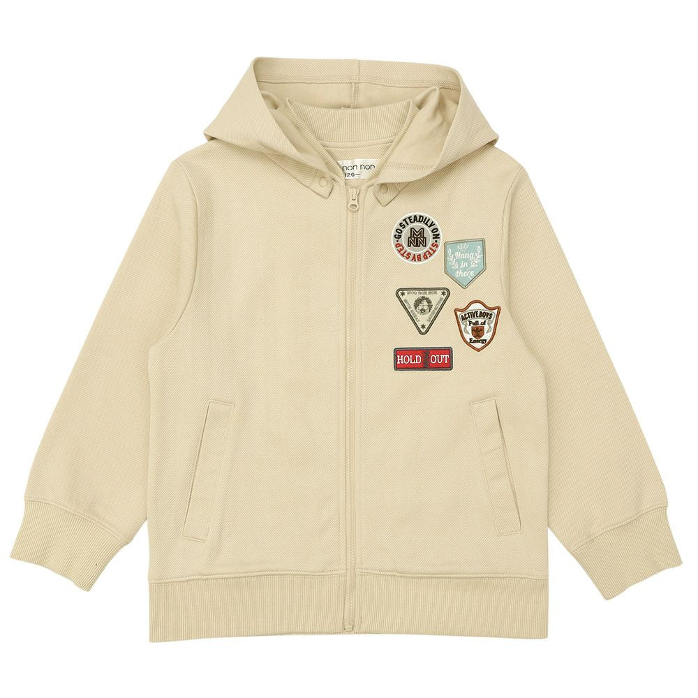 ツイルニット ロゴワッペン フード取り外し可能 ジップアップジャケット Beige front