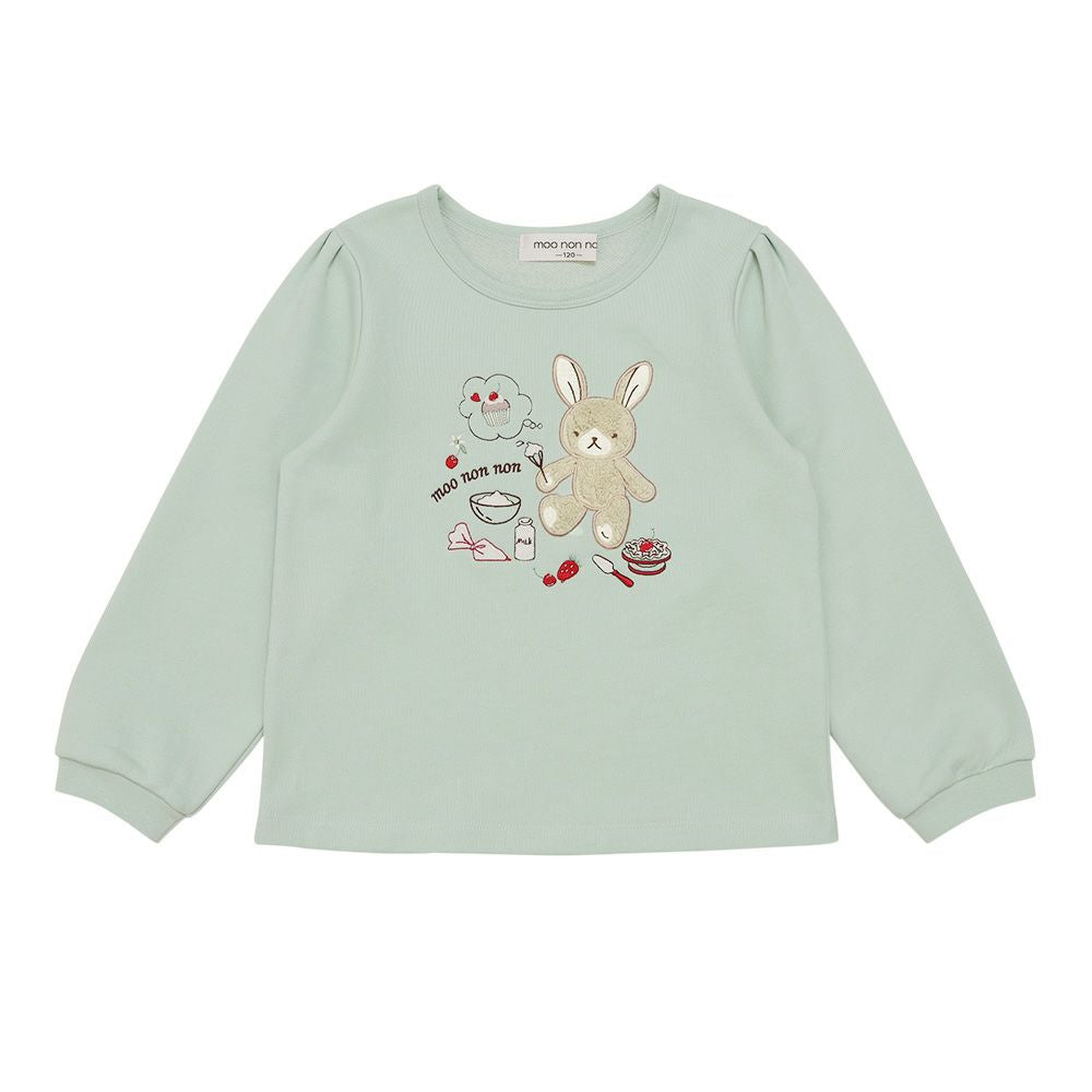 うさぎモチーフつきケーキ刺繍 裏毛トレーナー Green front