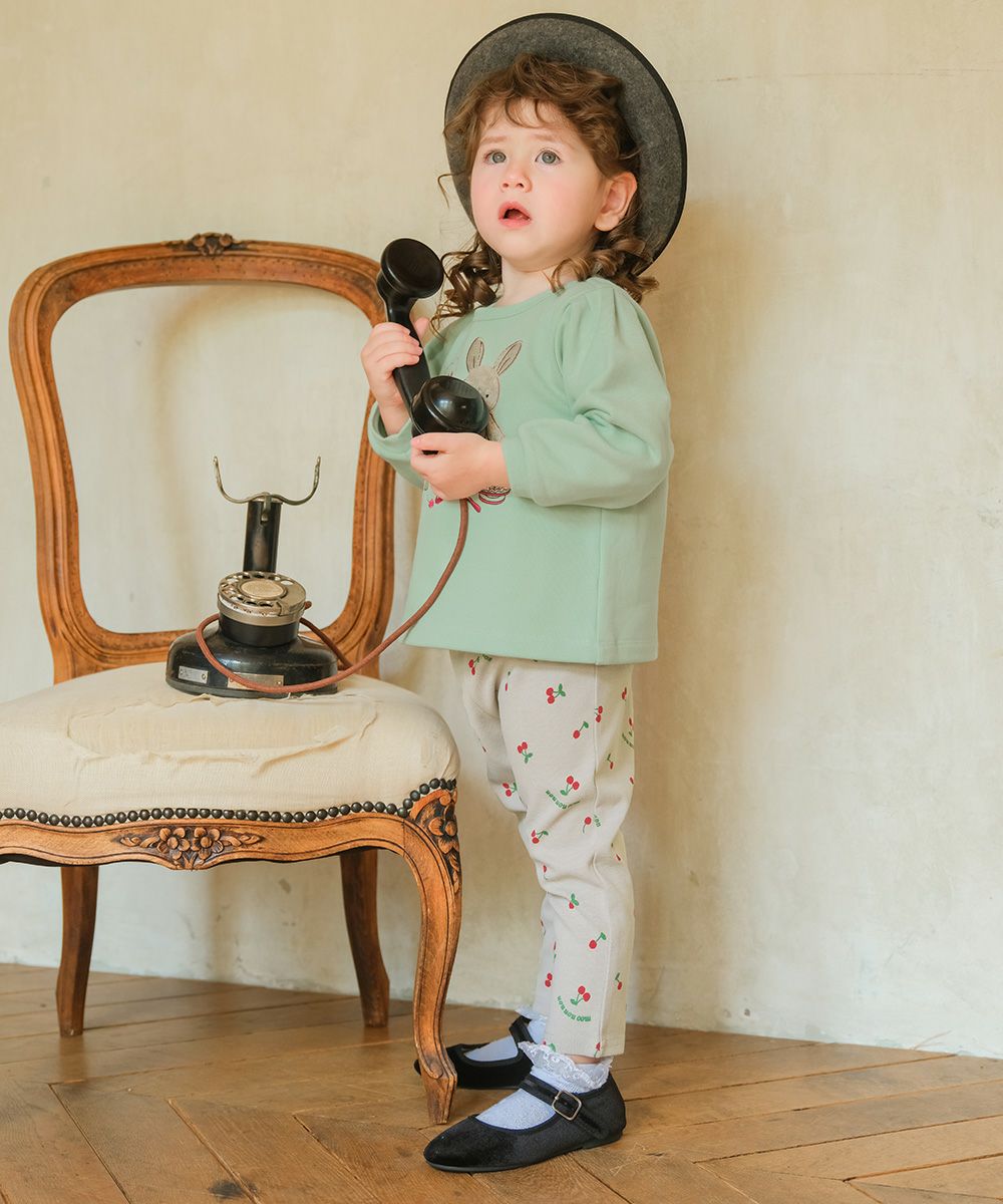 うさぎモチーフつきケーキ刺繍 裏毛トレーナー Green model image whole body