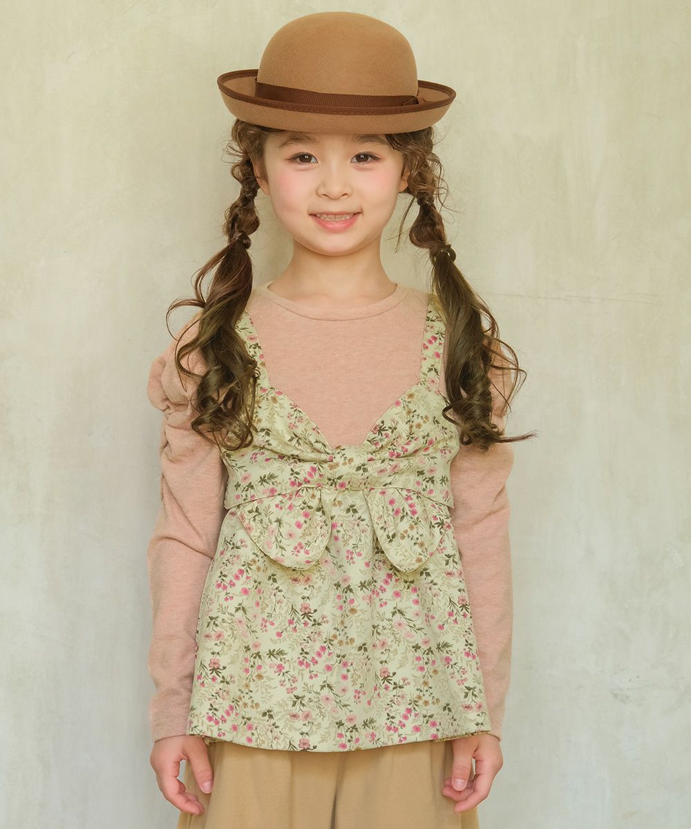 花柄リボンキャミソール 重ね着風デザインTシャツ Ivory model image up