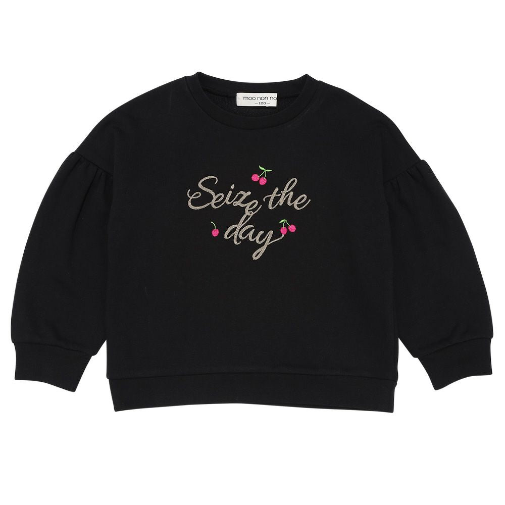 チェリー刺繍 ドロップ袖 裏毛トレーナー Black front