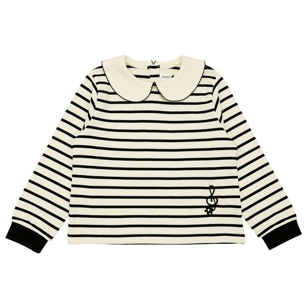 音符刺繍 襟付き ボーダー柄 裏毛トレーナー White/Black front